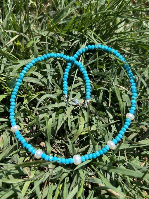 Colier Choker Handmade Turcoaz 2D și Perle AIMEE
