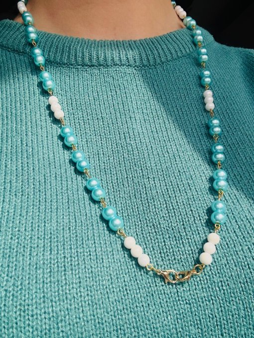 2 IN 1 Colier & Lant ochelari cu perle albe si albastru cyan