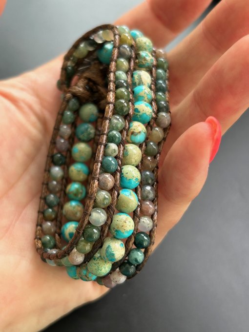 Brățară Lată Impletită Jasp Turcoaz și Agat Indian