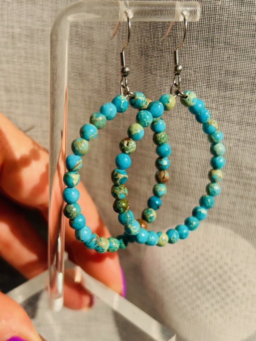 Cercei rotunzi cu sfere jasp turcoaz 4 mm
