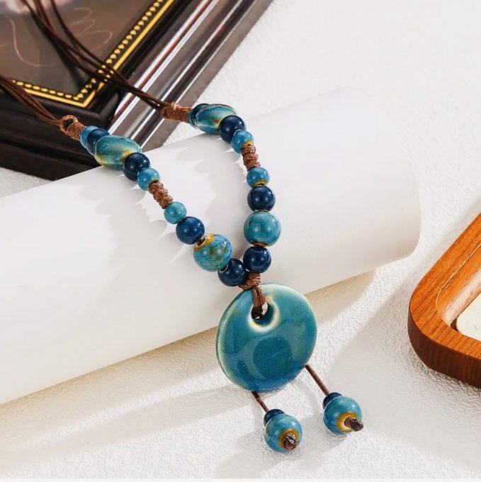 Colier  mărgele ceramică albastră ROUND LOLA