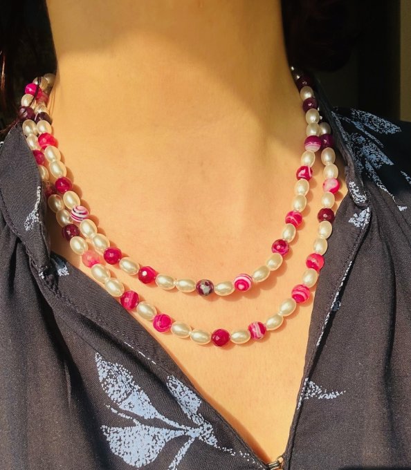 Colier agate dantelate fațetate fucsia „ADINA”