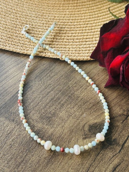 Colier Choker Handmade Jasp Ocean & Perle Cultură SIRENNE