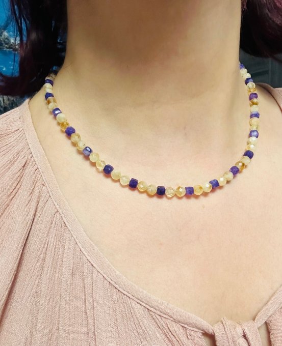 Colier citrin fațetat și ametist cuburi MATHILDE