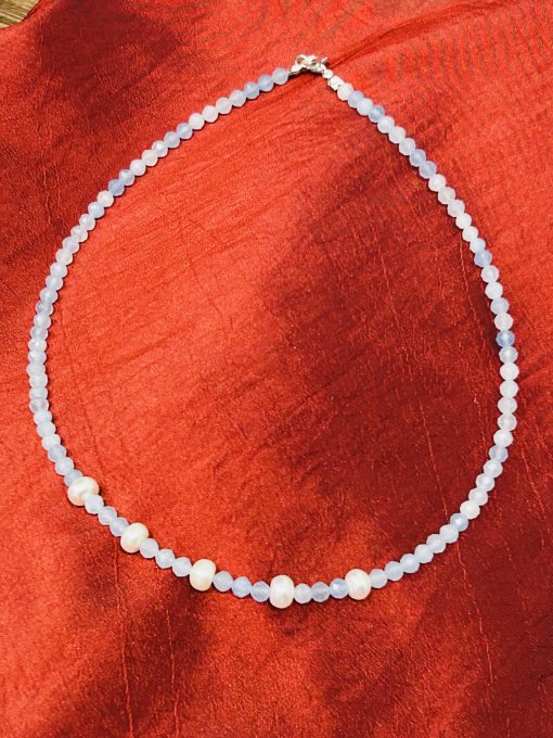 Colier Handmade Acvamarin fatetat si Perle Cultură FRANCINE