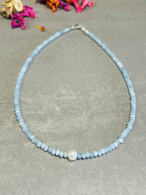 Colier Handmade Acvamarin Natural Fatetat & Perlă Cultură YASMIN