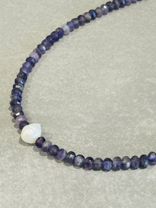 Colier handmade ametist fațetat si perlă DASHA