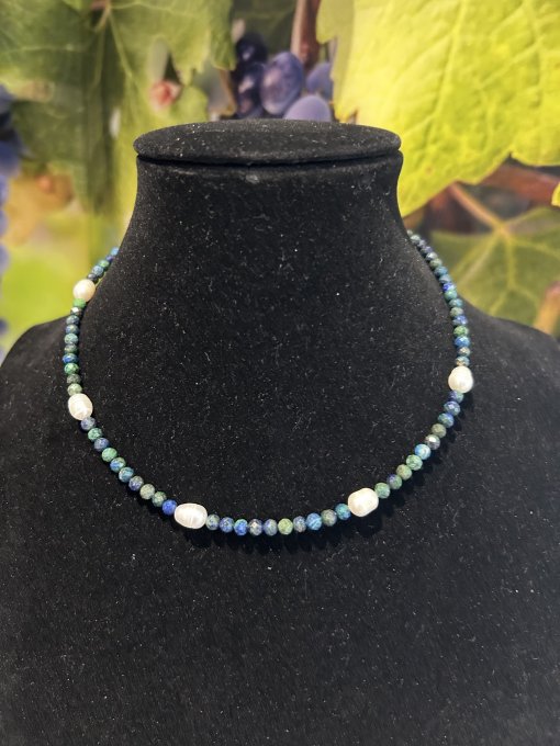 Colier Handmade Azurit-Malachit și Perle Cultură MELINDA