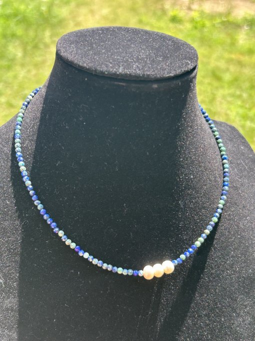 Colier Choker Handmade Azurit Fatetat și Perle cultură ANNA