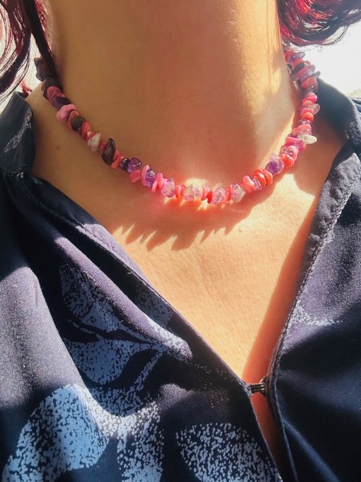 Colier handmade din chipsuri sidef roz și ametist