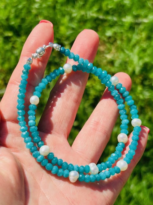 Colier handmade Jad Turcoaz & Perle Cultură MARGUERITE