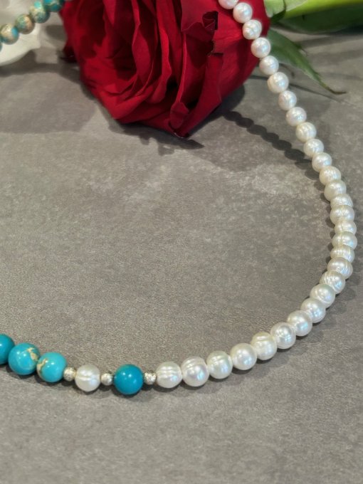 Colier Handmade Jasp Imperial Albastru & Perlă Cultură „VENERA”