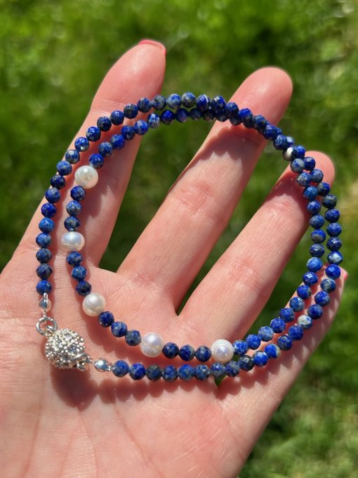 Colier Handmade Lapis lazuli fatetat & Perle Cultură LEYLA
