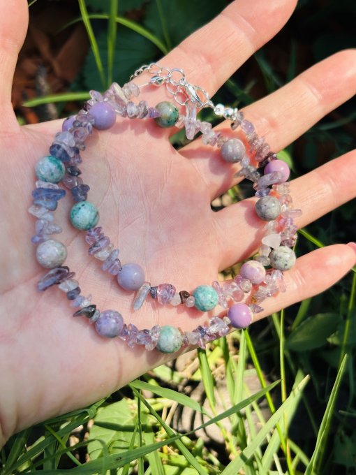 Colier Handmade din LEPIDOLIT Mov&Verde și FLUORIT BEATRICE