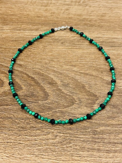 Colier handmade malachit fațetat și jad negru AMINA