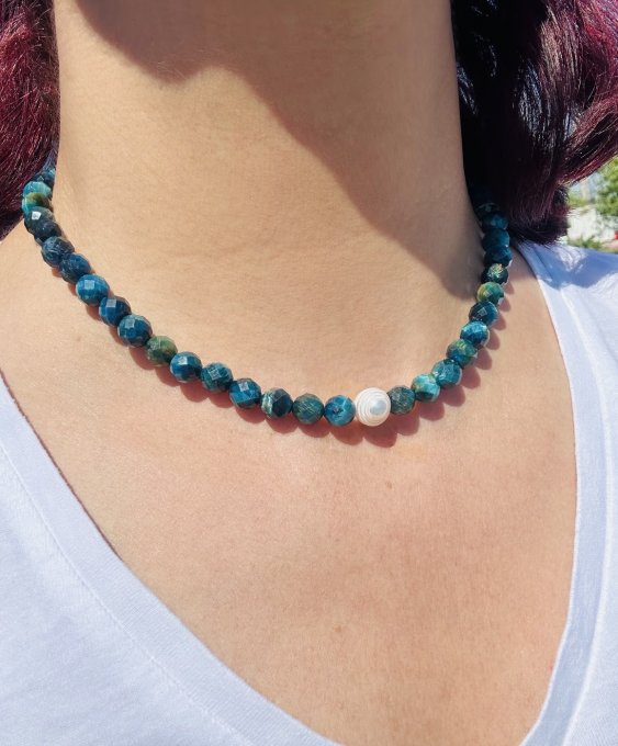 Colier Handmade Ochi de tigru Albastru Fatetat & Perlă LUCILLA