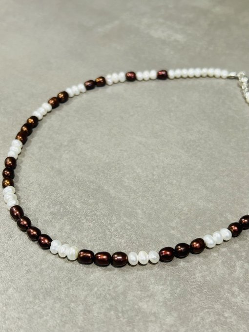 Colier Handmade Perle Cultură Albe si Maro Cafea AMNA MELEK