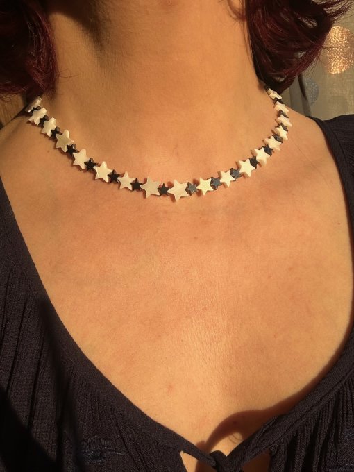 Colier handmade sidef stelute alb și gri hematit MELISA