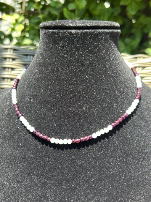 Colier Handmade Sidef WhiteOcean si Hematit Mov Fațetat ROSARIO