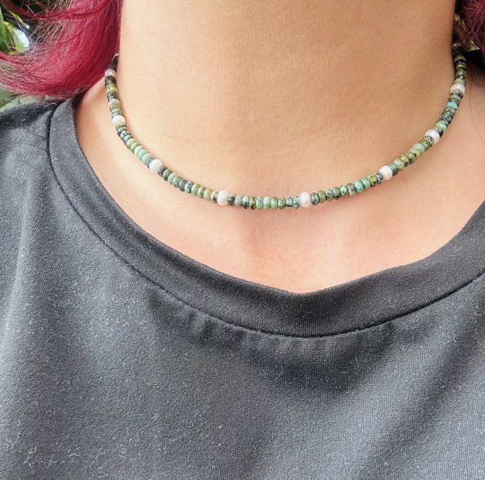 Colier Handmade Turcoaz African și Perle LINDA GREY