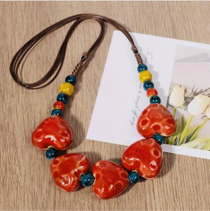 Colier inimioare roșii ceramică THANKFUL HEART