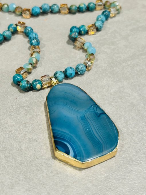 Colier Jasp Albastru cu pandantiv Agat BLUELYCEES