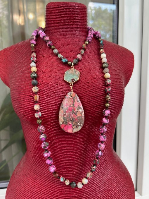 Colier Jasp Imperial Roz cu pandantiv Roșu „CLAIRE”