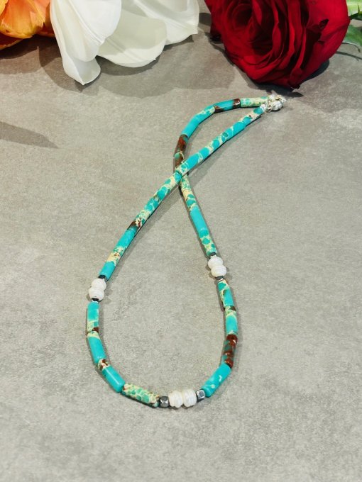 Colier Jasp Impression Turcoaz Tubular și Perle ”AVA”