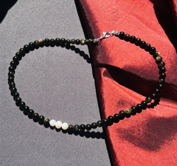 Colier obsidian auriu si perle cultură NICOLLE