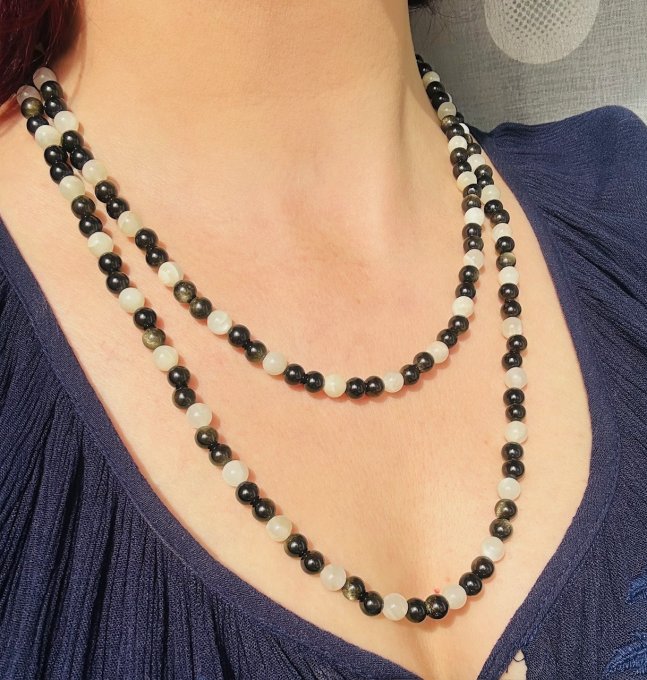 Colier obsidian auriu si piatra lunii „NICOLLE”