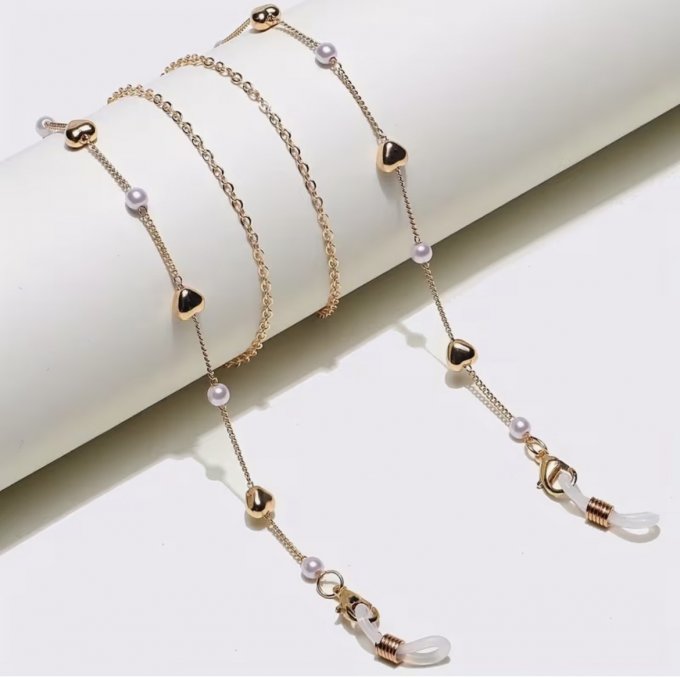 Lanț ochelari auriu cu inimioare si perlute albe