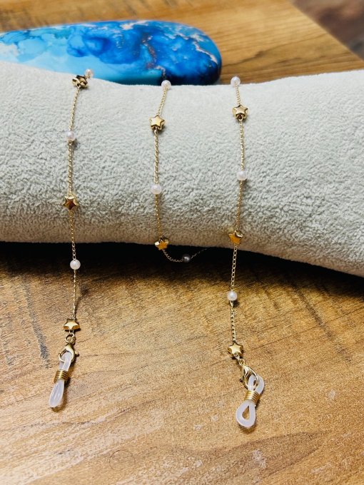 Lanț ochelari auriu cu stelute si perlute albe