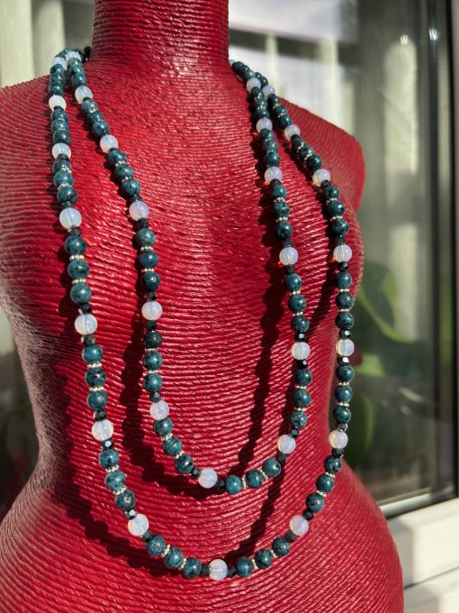 Colier lung jasper imperial albastru si opalit „ALICIA”