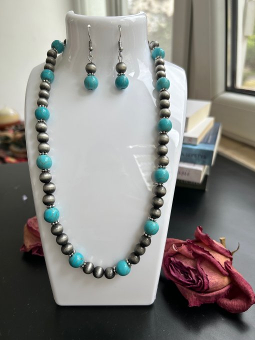 SET COLIER ȘI CERCEI TURCOAZ & PERLĂ NAVAJO
