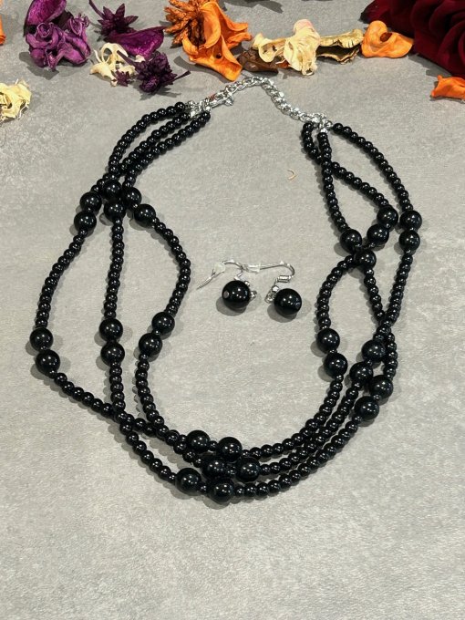 Set colier și cercei perle sticlă negre